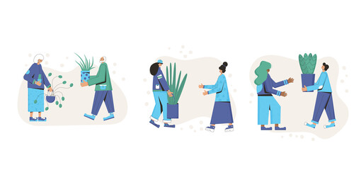 Plant lover. Man with indor flower pot. Vector