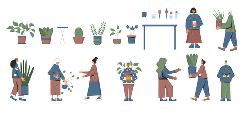 Plant lover. Man with indor flower pot. Vector