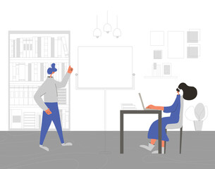 Man work with laptop. Vector flat design.