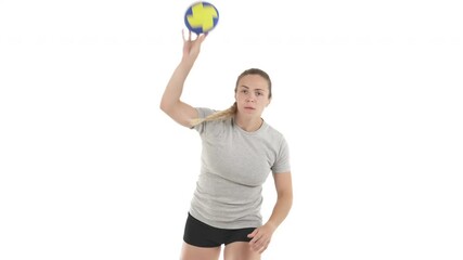 Caucasian sportswoman throwing the ball on handball training. Isolated on white background