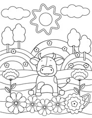 Cute coloring book with a funny bull, sun, flowers and trees. Black sketch, simple shapes, silhouettes, contours and lines. Childrens fairy tale vector illustration.