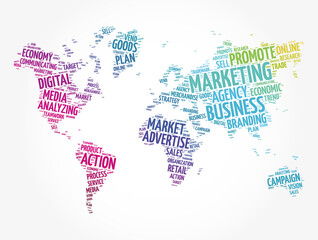 Obraz na płótnie Canvas Marketing word cloud in shape of world map, business concept background