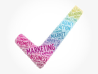 Marketing check mark word cloud, business concept background