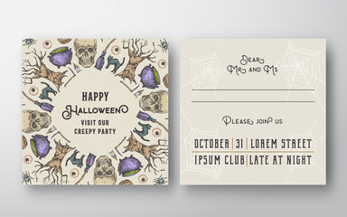 Halloween Abstract Vector Invitation Card Background Template. Back and Front Design Layout with Typography. Soft Shadows and Sketch Sculls, Cats, Scyth and Spooky Tree Illustrations Frame.