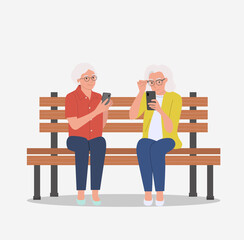 Elderly women are sitting on the bench with smartphones. Vector flat cartoon style illustration