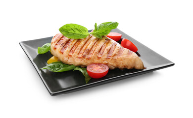 Tasty grilled chicken fillet with green basil and vegetables isolated on white