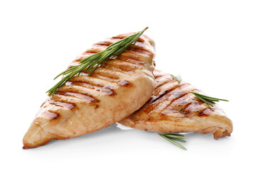 Tasty grilled chicken fillets and rosemary isolated on white © New Africa