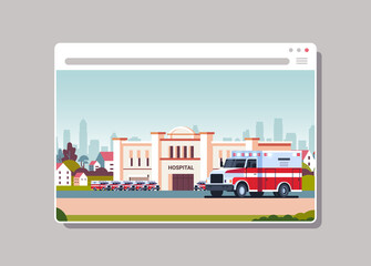 ambulance car near modern hospital building digital medicine concept web browser window horizontal vector illustration