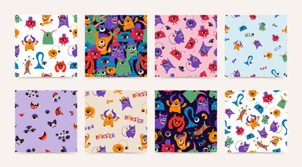 Collection seamless pattern with funny monsters in cartoon style. Children's background with cute characters for fabric design, Wallpaper, wrapping paper. Vector © Irina Gubanova