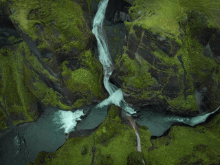 Aerial drone view of Fjadrargljufur Canyon valley in South Iceland. Icelandic nature landscape from above