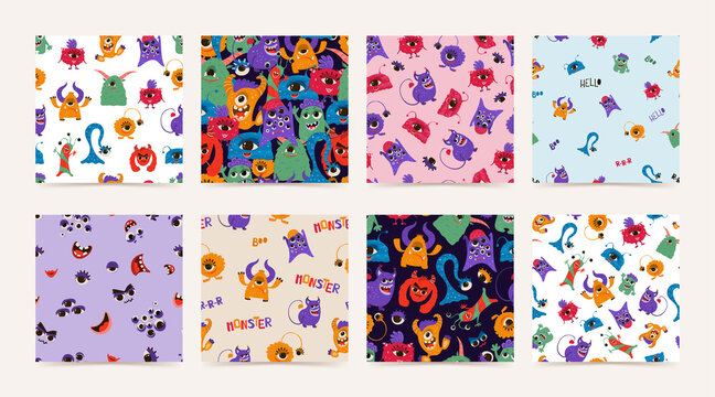 Collection seamless pattern with funny monsters in cartoon style. Children's background with cute characters for fabric design, Wallpaper, wrapping paper. Vector