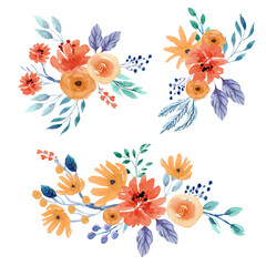 Ochre Watercolor Floral Arrangements Vector Set.