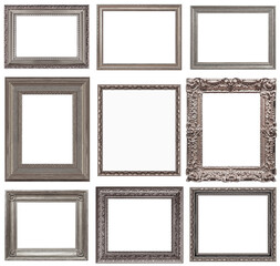 Set of silver frames for paintings, mirrors or photo isolated on white background