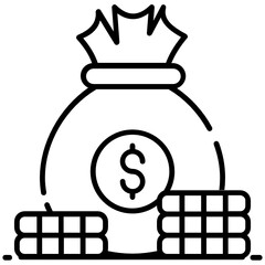 
icon of money sack, dollar pouch with coins stack 
