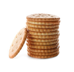 Stack of delicious crispy crackers isolated on white