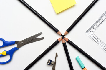 School equipment background of stationary for class lessons on white paper