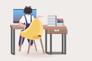 rear view businesswoman sitting at workplace social distancing coronavirus epidemic protection self isolation remote work concept office interior horizontal full length vector illustration