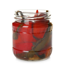 Jar of pickled peppers isolated on white