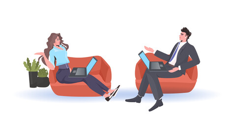 businesspeople using laptops discussing during meeting keeping distance to prevent coronavirus epidemic covid-19 protection measures horizontal full length vector illustration