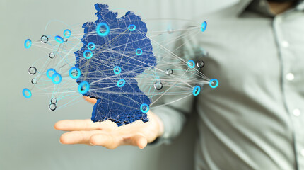 Abstract of germany map network, internet and global connection concept, Wire Frame 3D mesh...