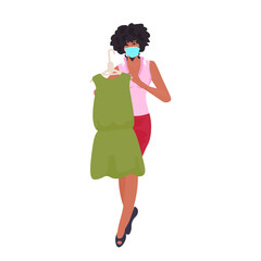african american saleswoman in mask showing clothes coronavirus pandemic quarantine concept full length vector illustration