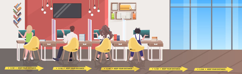 businesspeople keeping distance to prevent coronavirus epidemic covid-19 protection measures office interior horizontal full length vector illustration