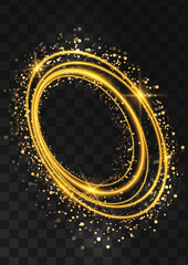 Frame made of gold oval rings with glitter, sparkles and flashes on a dark transparent background. Vector