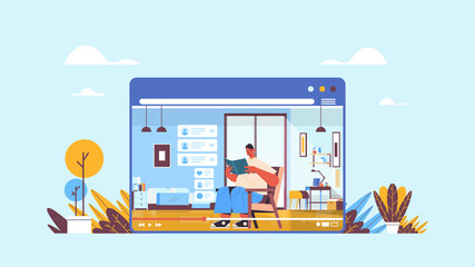 male blogger reading book recording online video blog live streaming blogging concept man vlogger in web browser window living room interior horizontal full length vector illustration