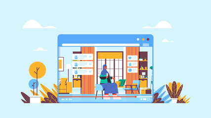arab woman blogger using smartphone recording online video blog live streaming blogging concept arabic girl vlogger in web browser window living room interior horizontal full length vector