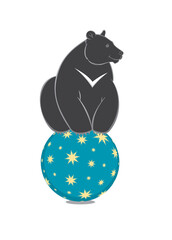Circus black bear sitting on a circus ball Isolated on white background. Vector illustration.