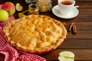 Classic American apple pie with cinnamon on a dark wooden background. Rustic style. Copy space.