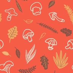 Seamless vector pattern. Doodle mushrooms and plants