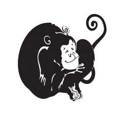 Smiling monkey on white background. Black and white vector illustration. Stylization. 