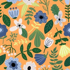 Seamless vector floral pattern on orange background. Botanical illustration with plants for fabric, textile, wallpaper, background, wear, t-shirt.