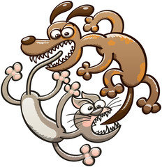 Mad dog with spotted brown fur, long ears and sharp teeth running after a wild gray cat with pointy ears and long tail. The same cat's running after the same dog doing a funny circle of crazy pursuit