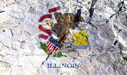 The National Flag of the State of Illinois USA in the form of an eagle with a red ribbon in its beak for Independence Day is painted on a mountain wall. Rock trail of climbers during the ascent.
