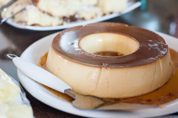 Breakfast table, close-up in the brown pudding