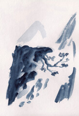 Stock watercolor painting of pine tree on the rock in Chinese ink technique. Background for postcards, cafe, coffee shop or Asian goods store decoration. Meditative oriental drawing elements.