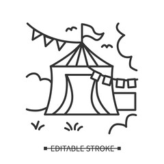 Summer fair tent icon. Street festival or fortune teller pavilion with flag bunting linear pictogram. Spring carnival and local farm market fun activities concept. Editable stroke vector illustration