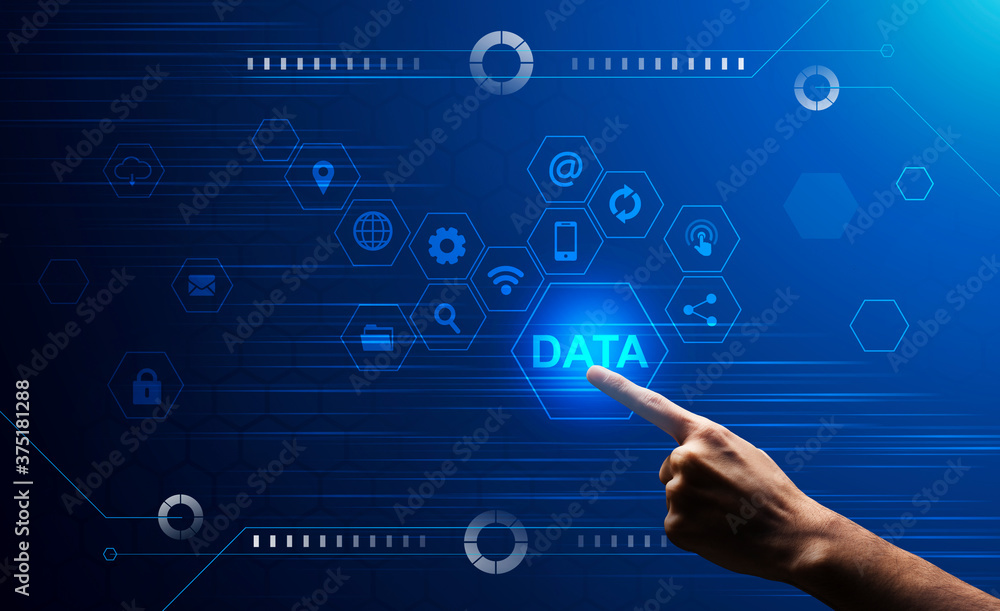 Poster male hand clicking on data button on digital screen with multimedia icons