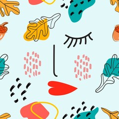 Modern abstract pattern with eyes and leaves in doodle style.
Vector design.
