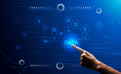 Male Hand Clicking On Data Button On Digital Screen With Multimedia Icons