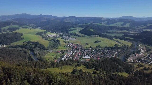 Aerial view of Orava river bend, near Podbiel village, Slovakia