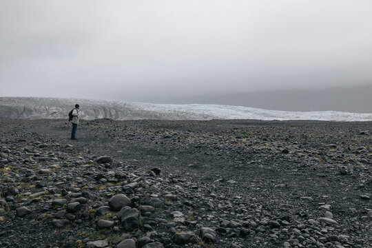 Hiker Admiring the Skaftafellsjokull Glacier Tongue