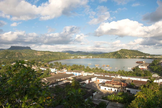 Downtown view of Baracoa, El Yunque Mountain in the background, Guantanamo province, Cuba.