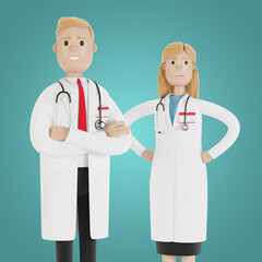 Fototapeta premium Doctors man and woman. 3D illustration in cartoon style.