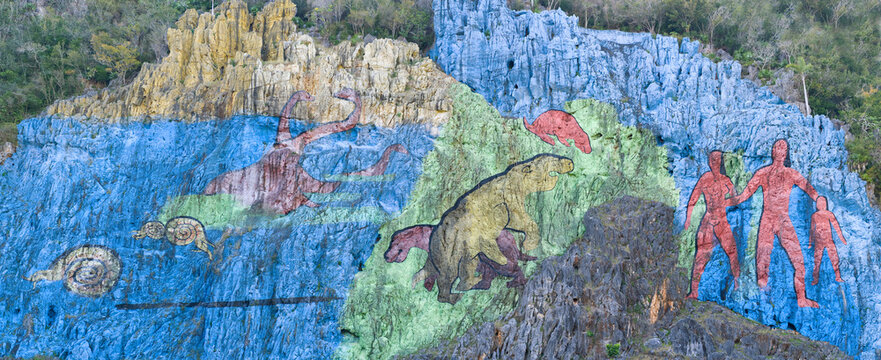 Mural De La Prehistoria, Prehistoric Wall, Vinales, Pinar Del Rio Province, Cuba, Central America, Unesco World Heritage Site.