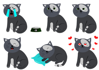 vector graphics, set of cartoon grey cats with different emotions
