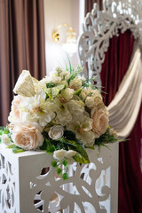Romantic decorations, white light flowers for the holiday, wedding rings for the bride