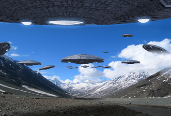 UFO Spaceship Invasion. Fully owned, proprietary 3D models and the photo background. © 3000ad
